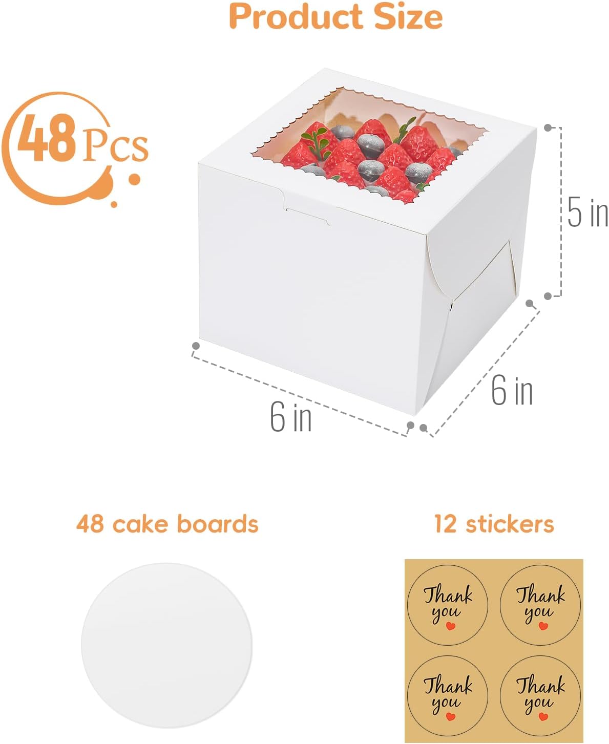 4pcs 6 Inch Cake Boxes with Sticks and Boards for Cookies, Small Cakes, Mini Desserts, Bento, and Bakery, Cupcake Box for Birthday, Party, Wedding, Mother's Day, Christmas（6x6x5 inch）