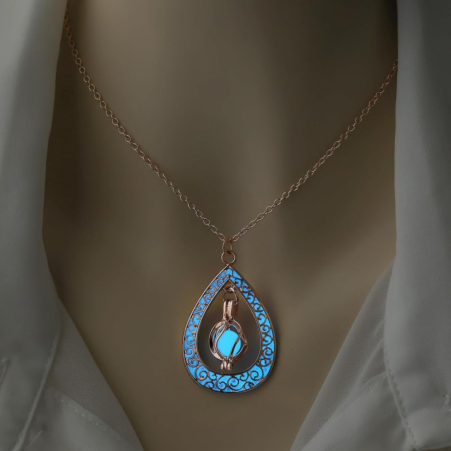 EEQQBZ Glow in The Dark Silver Teardrop shape necklace,Fantasy Glowing Jewelry Charm