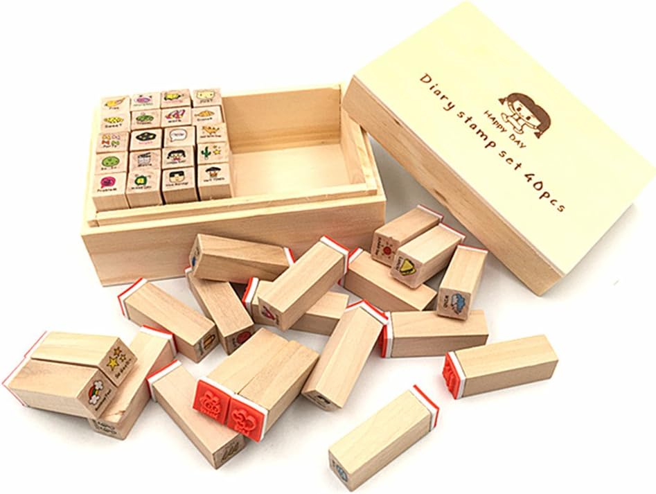 Diary Stamp Set,Wooden Rubber Signet for Children DIY Scrapbooking Card Making(25pcs,Happy Life)