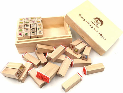 Diary Stamp Set,Wooden Rubber Signet for Children DIY Scrapbooking Card Making(25pcs,Happy Life)
