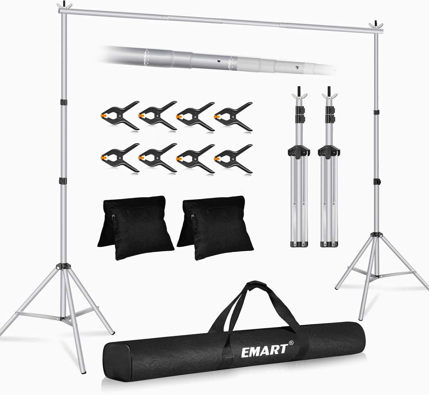 EMART Backdrop Stand 10x7ft(WxH) Photo Studio Adjustable Background Stand Support kit with 2 Crossbars, 8 Clamps, 2 Sandbags and Carry Bag for Parties, Events Decoration, Wedding, Photography -White