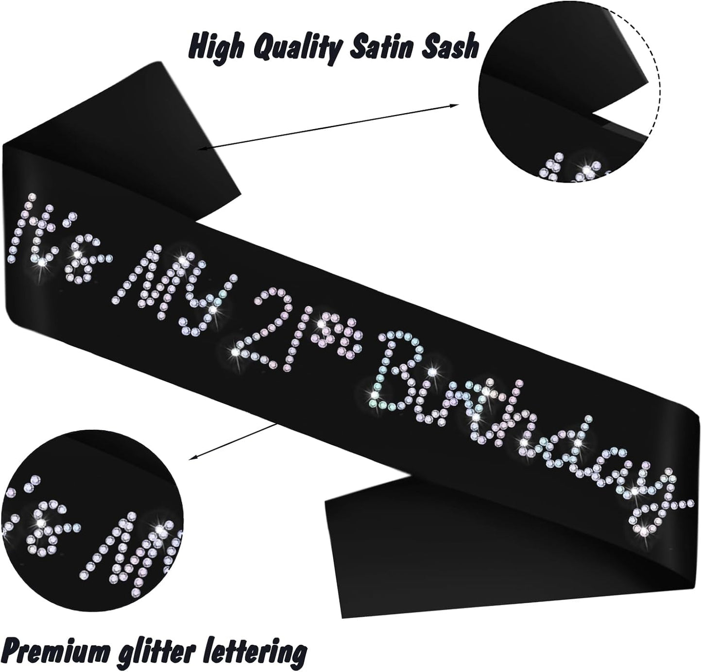 It's My 21st Birthday Sash, Black Satin Birthday Sash with Glitter Rhinestones Decorations for Girls or Women, Finally 21 Bday Sashes, Ideal Twenty One Gifts, Happy 21 Bday Party Decorations
