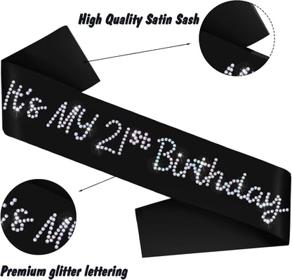 It's My 21st Birthday Sash, Black Satin Birthday Sash with Glitter Rhinestones Decorations for Girls or Women, Finally 21 Bday Sashes, Ideal Twenty One Gifts, Happy 21 Bday Party Decorations