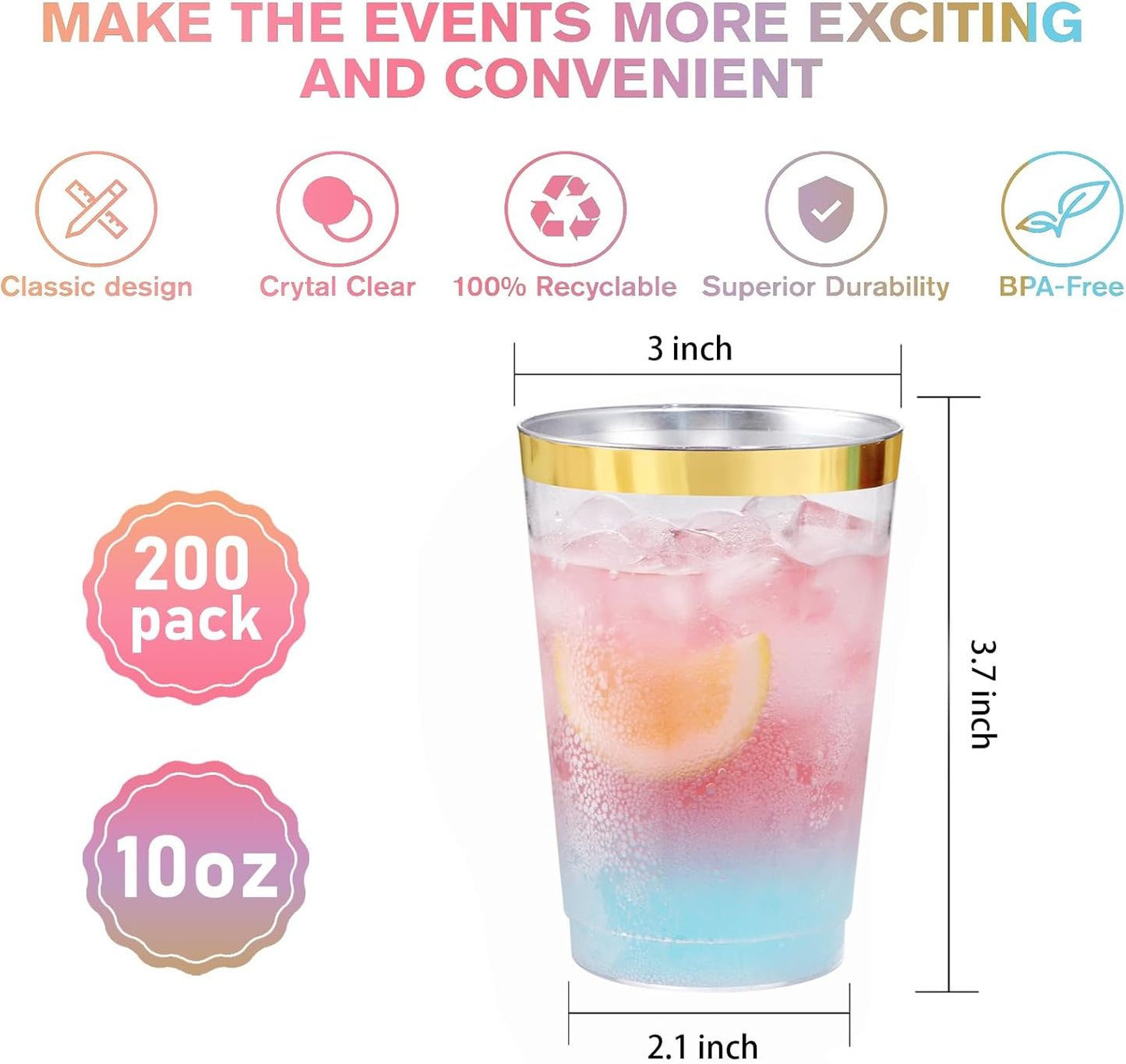 supernal 100pcs Gold Plastic Cups 12 oz, Glitter Clear Disposable Cups Heavy Duty, Fancy Plastic Cocktail Tumblers for Wedding, Parties Champagne & Mixed Drinks