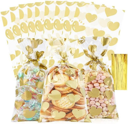 100 Pcs Star Printed 5"X 7" Gift Wrap Cello Cellophane Treat Bags Party Favor bags Clear Candy Cookie Bag Plastic Poly Goodie Storage Bag with Twist Ties for Bakery,Birthday, Wedding ,Party Decorations (Gold)