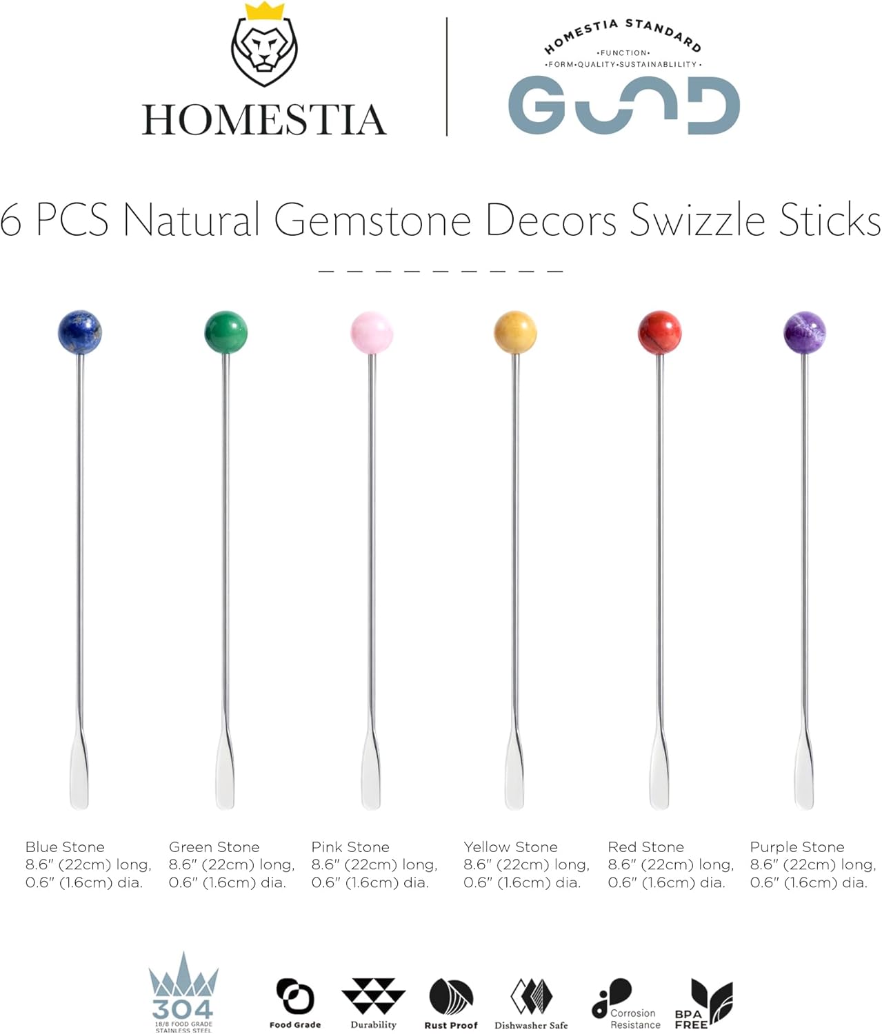 Homestia 7.5" Stainless Steel Cocktail Stirrers with Cute Animal Design, Set of 6 Reusable Swizzle Sticks for Coffee, Martini, Drinks - Dishwasher Safe Metal Bar Tools Stir Sticks