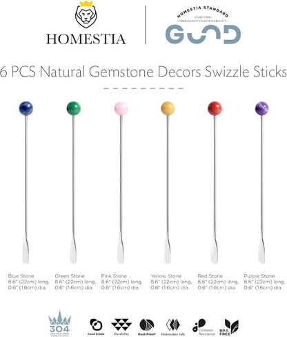 Homestia 7.5" Stainless Steel Cocktail Stirrers with Cute Animal Design, Set of 6 Reusable Swizzle Sticks for Coffee, Martini, Drinks - Dishwasher Safe Metal Bar Tools Stir Sticks