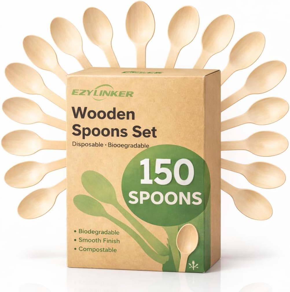100% Compostable Cutlery Set - 150 Pieces Wooden Compostable Utensils [50 Forks, Knives, Spoons] - Disposable Wooden Cutlery, Eco Friendly Forks & Spoons Set Party Utensils