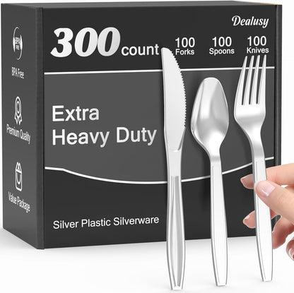 Dealusy 300 Count Extra Heavy Duty Clear Plastic Silverware, 100 Forks, 100 Spoons, 100 Knives, BPA-Free, Heat Resistant, Disposable Plastic Utensils Set, Plastic Cutlery Set, Plasticware Bulk