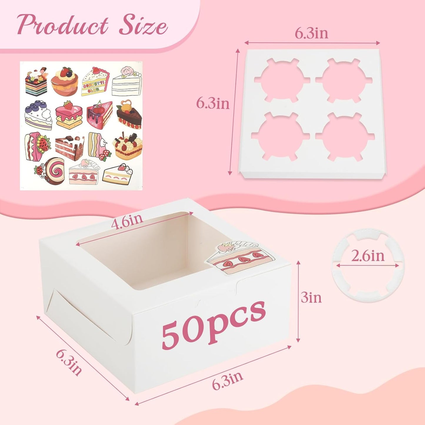 OAMCEG 50 PCS Cupcake Boxes with Window, 6x6x3 Inch Cookie Boxes, Bakery Treat Boxes for Pastry, Dessert, Chocolate Strawberries, Cupcake Containers, Gift Giving with Stickers & Twine （Brown）