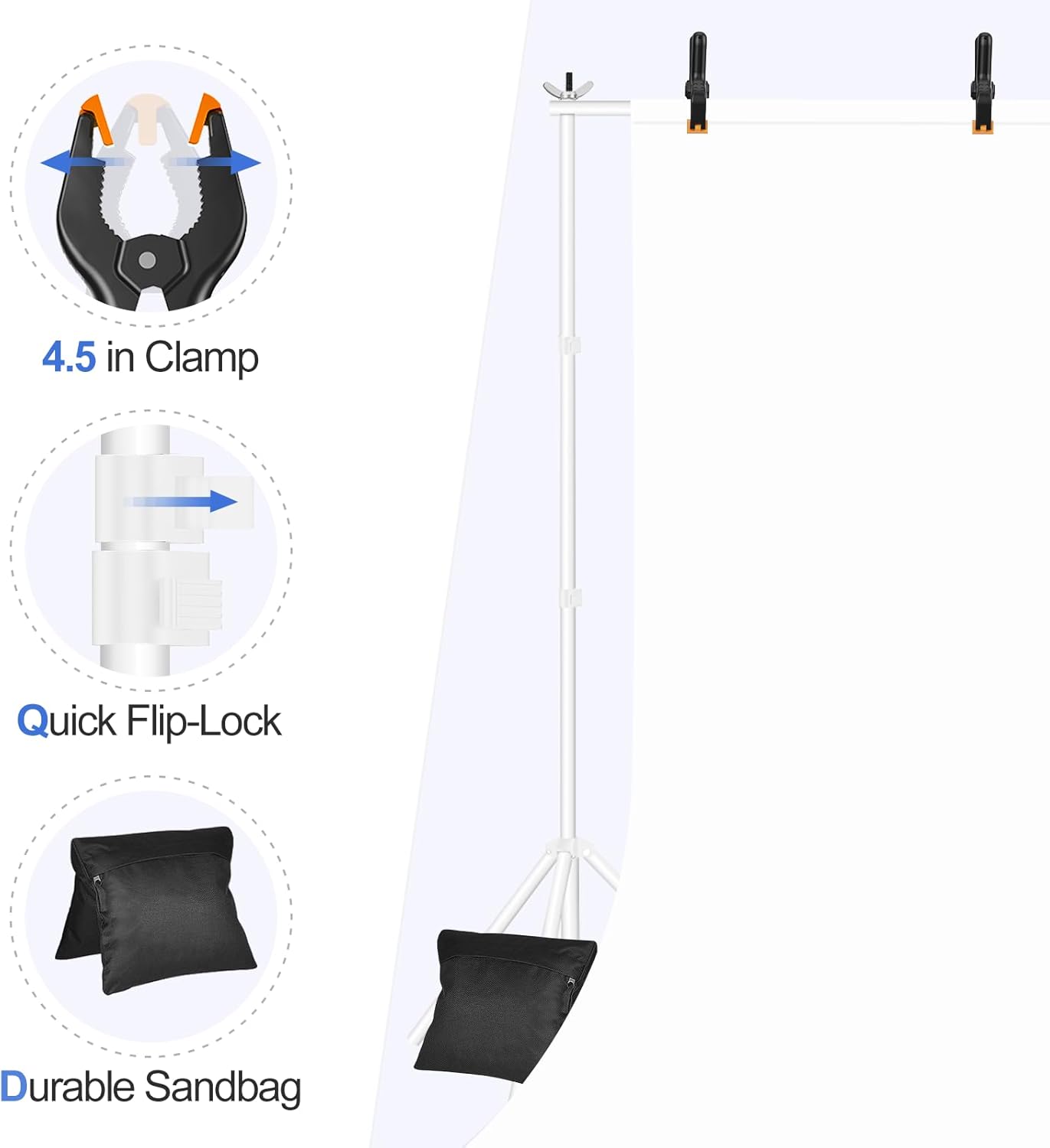 EMART Backdrop Stand 10x7ft(WxH) Photo Studio Adjustable Background Stand Support kit with 2 Crossbars, 8 Clamps, 2 Sandbags and Carry Bag for Parties, Events Decoration, Wedding, Photography -White
