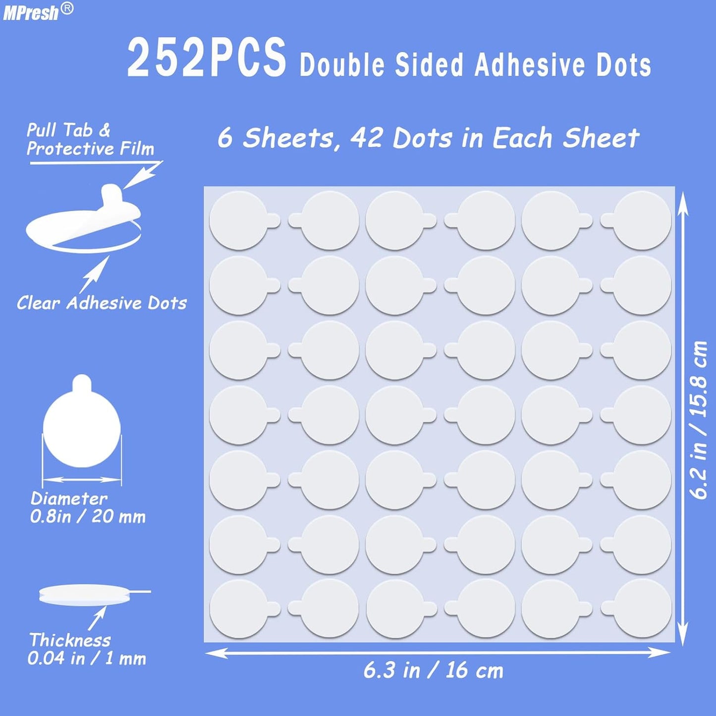 Double Sided Tape for Wall Hanging, 0.79" Sticky Tack Dots Strong Mounting Putty, Stickers Easy to Peel for Crafts, Poster, Balloons Decoration, 252 PCS Removable Tape