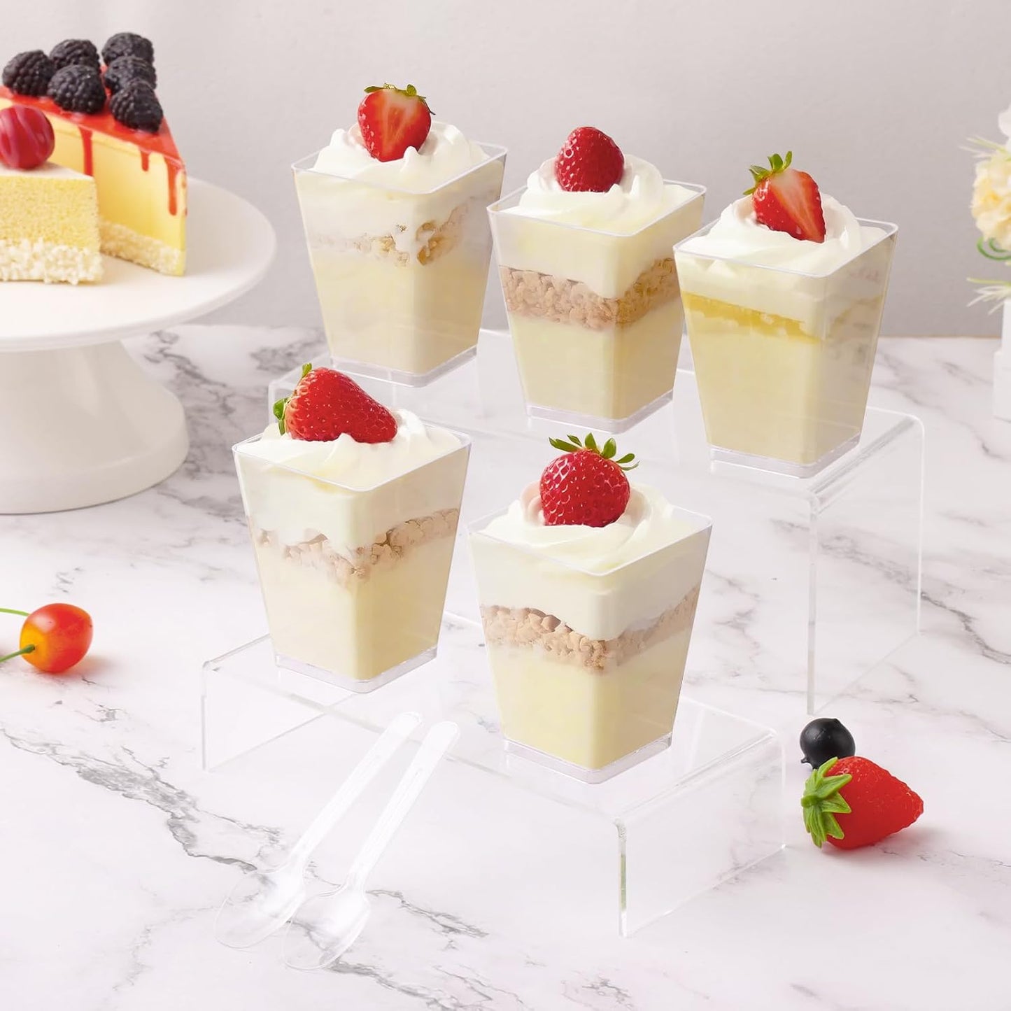200 Pcs Dessert Cups with Spoons - 5 OZ Mini Clear Plastic Dessert Parfait Cups - Square Shooter Cup Round Goblet for Party Appetizer Fruit Pudding Ice Cream Cake
