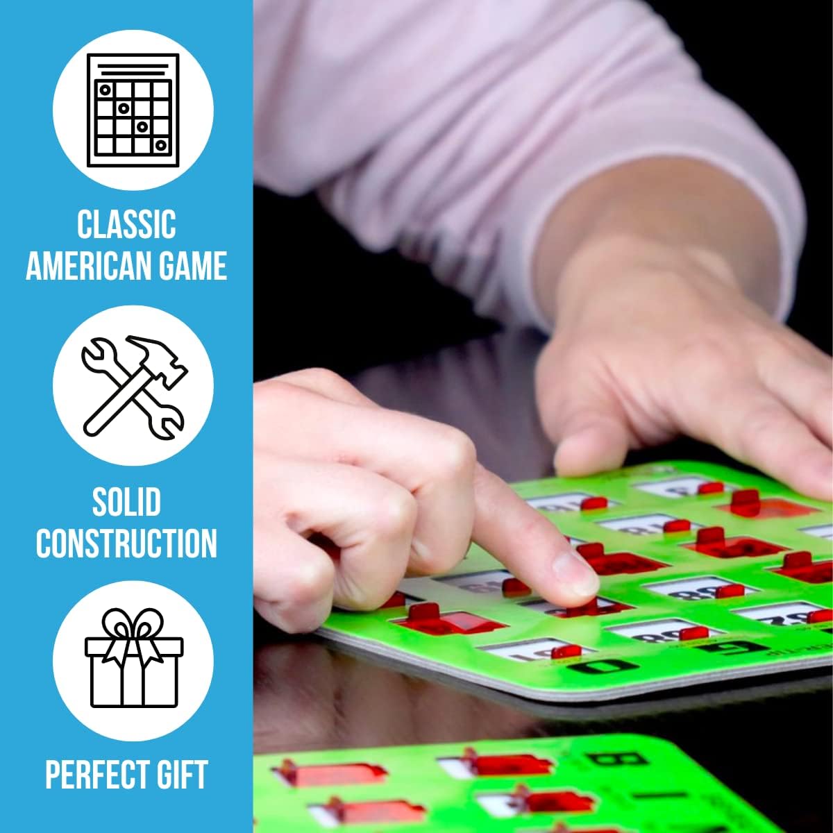 Regal Bingo Game Set for Adults and Kids - 50 Bingo Cards with Sliding Windows, Reusable & Large Bingo Cards, 1 Master Board - Fun Family Game Night - No Chips & Daubers Needed - Green