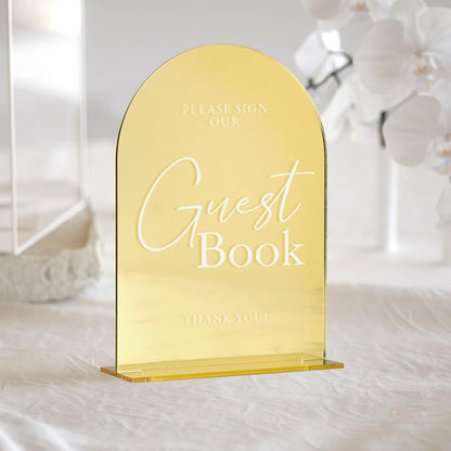 Acrylic Wedding Sign with Stand- 5"x7" Gold Mirror Arched Guest Book Signs and Base,1/8" Thick | Modern Calligraphy White Lettering Gold Arch Acrylic Table Sign for Wedding Reception & Party
