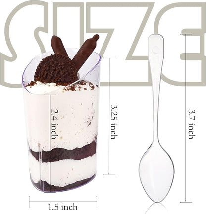 50 Pack Mini Dessert Cups with Spoons, 3 oz Clear Plastic Parfait Appetizer Cups, Small Reusable Shooter Serving bowls for Tasting, Slanted Triangle Dessert Shot Glasses