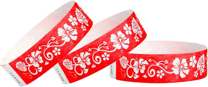 500 WristCo Red Hawaiian Flower Tyvek Wristbands for Events - Comfortable Tear Resistant Paper Bracelets ID Wrist Bands for Concerts Festivals Admission Party Identification