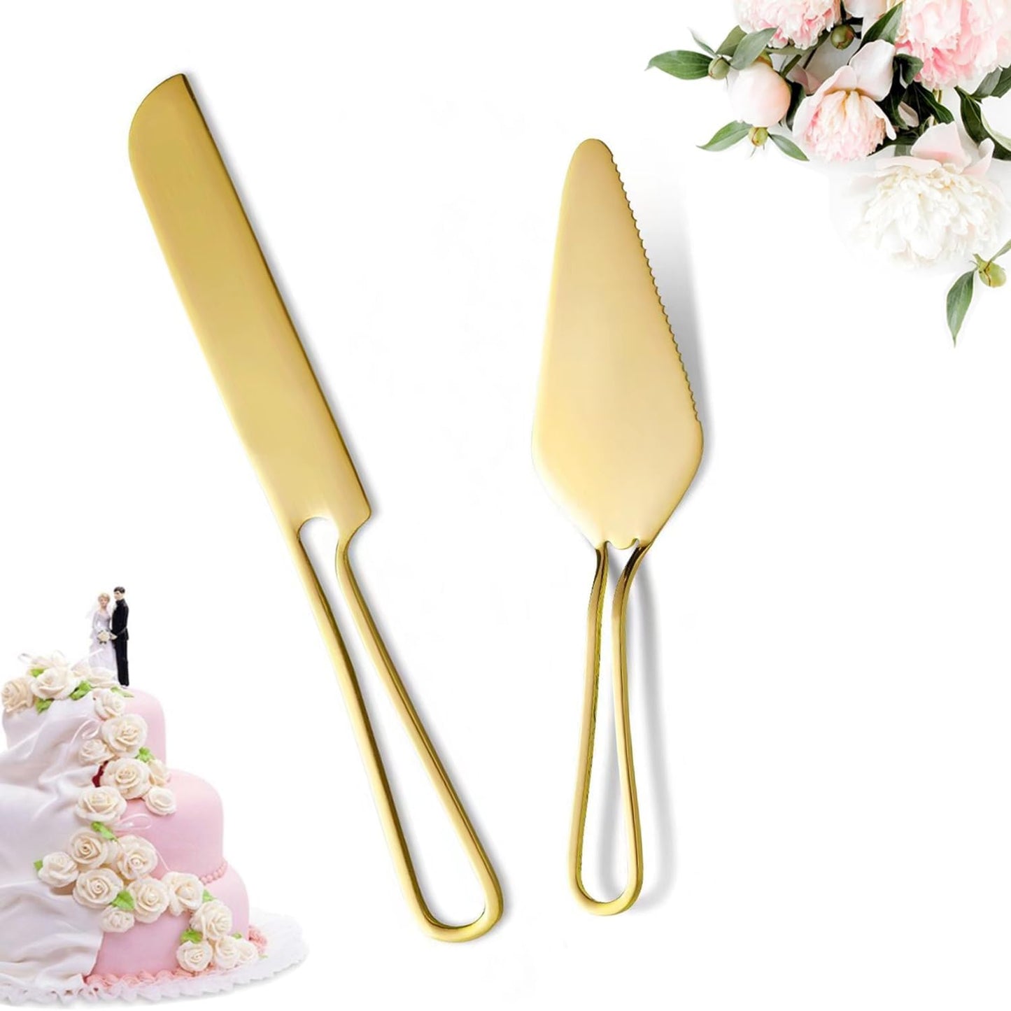 Cake Cutting Set for Wedding -Hollow Handle Cake Knife And Server Set Stainless Steel Cake Cutter and Pie Spatula for Wedding, Birthday, Parties and Events,Anniversary Christmas Gift,Golden 2Pcs
