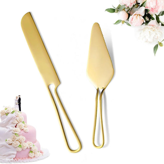 Cake Cutting Set for Wedding -Hollow Handle Cake Knife And Server Set Stainless Steel Cake Cutter and Pie Spatula for Wedding, Birthday, Parties and Events,Anniversary Christmas Gift,Golden 2Pcs