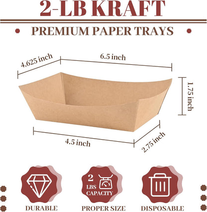 Ocmoiy 1lb Paper Food Trays, 100 Pack Heavy Duty Kraft Food Boats Holders Disposable Serving Basket Trays for Nachos, Fries, BBQ, Festivals, Party