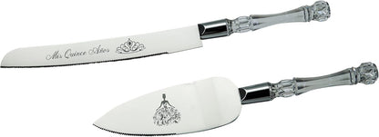 Lassos Boutique Mis Quince Años Quinceanera Cake Serving and Knife Set, Sweet 15 Birthday Cake Cutting Set, Feliz 15 Anos Decoration, Acrylic Handle, Stainless Steel (Gold)