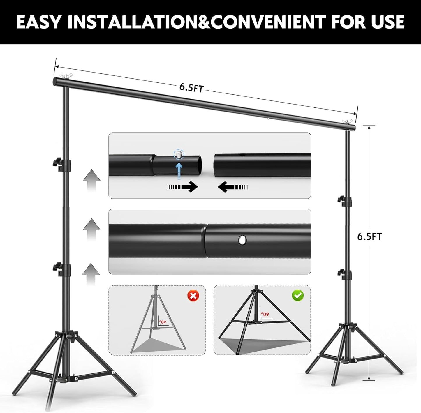 BEIYANG 6.5x6.5 FT Backdrop Stand, Adjustable Photo Background Stand Support kit with Carry Bag for Parties, Decoration, Wedding, Photo Video Studio Shooting