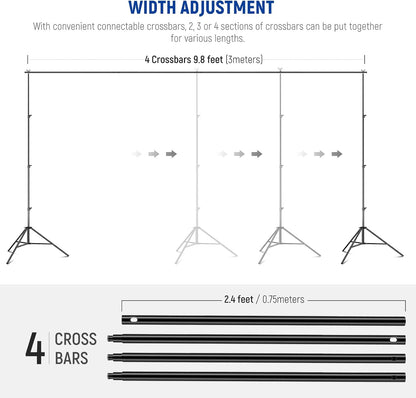 Neewer Photo Studio Backdrop Support System, 10ft/3m Wide 6.6ft/2m High Adjustable Background Stand with 4 Crossbars, 6 Backdrop Clamps, 2 Sandbags, and Carrying Bag for Portrait & Studio Photography