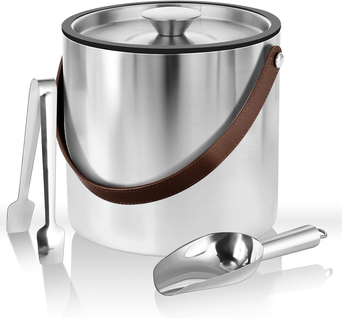 Bakpoco Double-Wall Vacuum Insulated Ice Bucket with Lid, Scoop, Ice Tong, Strainer & Leather Handle Keep Ice Frozen Longer Large Wine Ice Buckets for Cocktail Bar,Parties Chilling Beer Champagne 3L
