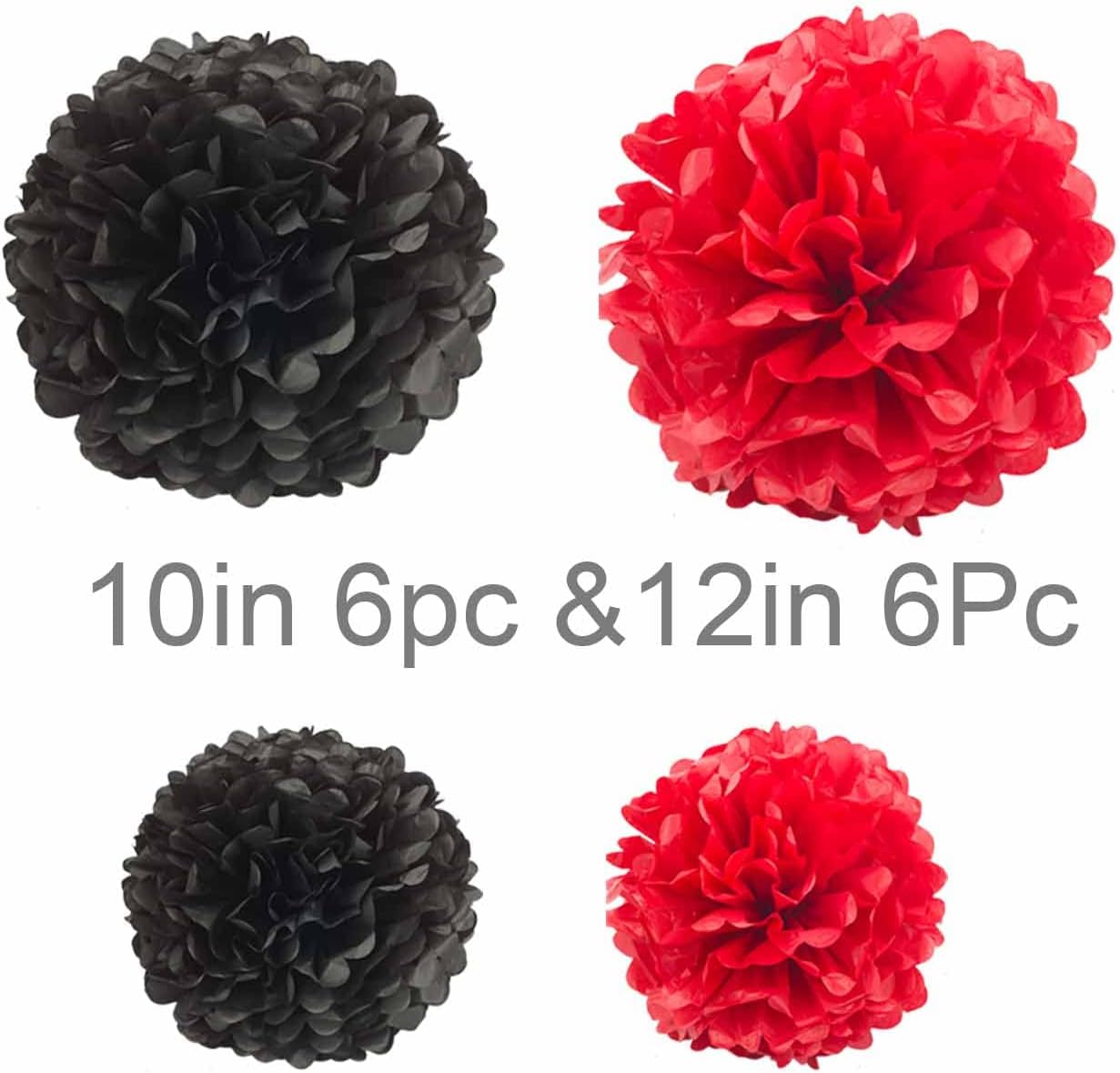 Black and White Tissue Paper Pom Poms Hanging Tissue Flowers Poms Decorations Pack of 12 for Wedding, Birthday,Party Backdrop Decor ect. (12", 10",Tissue Paper Flowers)