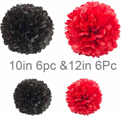Black and White Tissue Paper Pom Poms Hanging Tissue Flowers Poms Decorations Pack of 12 for Wedding, Birthday,Party Backdrop Decor ect. (12", 10",Tissue Paper Flowers)