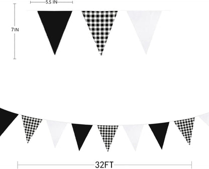 32Ft Dusty Blue Party Decorations Retro Blue Gingham Triangle Banner Flag Pennant Fabric Garland Streamers for Nautical Wedding Birthday Ahoy Achor Bridal Baby Shower Under The Sea Decor Supplies