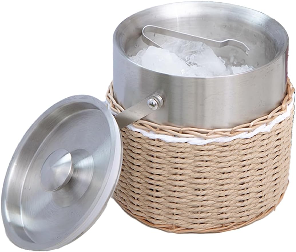 Handwoven 3L Stainless Steel Ice Bucket with Lid and Ice Tongs, Large Insulated Chilling Bucket Handcrafted Wicker Paper Rope for Party Wedding Home Bar Decor