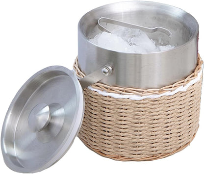 Handwoven 3L Stainless Steel Ice Bucket with Lid and Ice Tongs, Large Insulated Chilling Bucket Handcrafted Wicker Paper Rope for Party Wedding Home Bar Decor