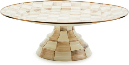 MACKENZIE-CHILDS Enamel Pedestal Platter, Round Cake Stand, Large, Black-and-White Courtly Check