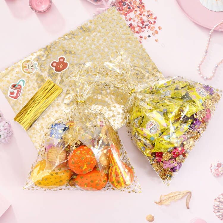 100 Pcs Star Printed 5"X 7" Gift Wrap Cello Cellophane Treat Bags Party Favor bags Clear Candy Cookie Bag Plastic Poly Goodie Storage Bag with Twist Ties for Bakery,Birthday, Wedding ,Party Decorations (Gold)
