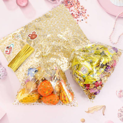 100 Pcs Star Printed 5"X 7" Gift Wrap Cello Cellophane Treat Bags Party Favor bags Clear Candy Cookie Bag Plastic Poly Goodie Storage Bag with Twist Ties for Bakery,Birthday, Wedding ,Party Decorations (Gold)