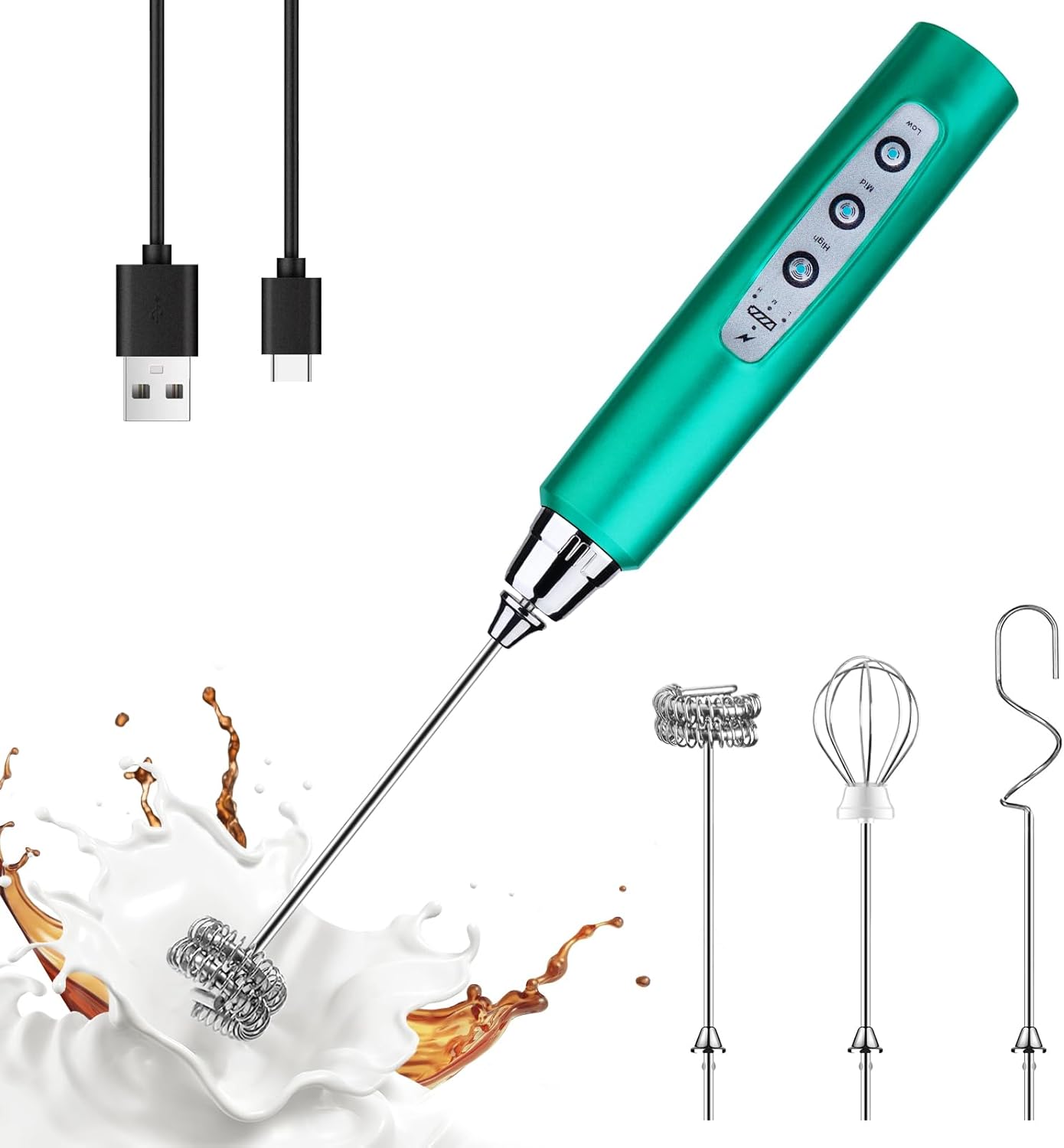 YUSWKO Black Handheld Milk Frother Wand for Coffee, Rechargeable Electric Whisk with 3 Heads 3 Speeds Drink Mixer Coffee Frother For Latte, Cappuccino, Hot Chocolate, Egg