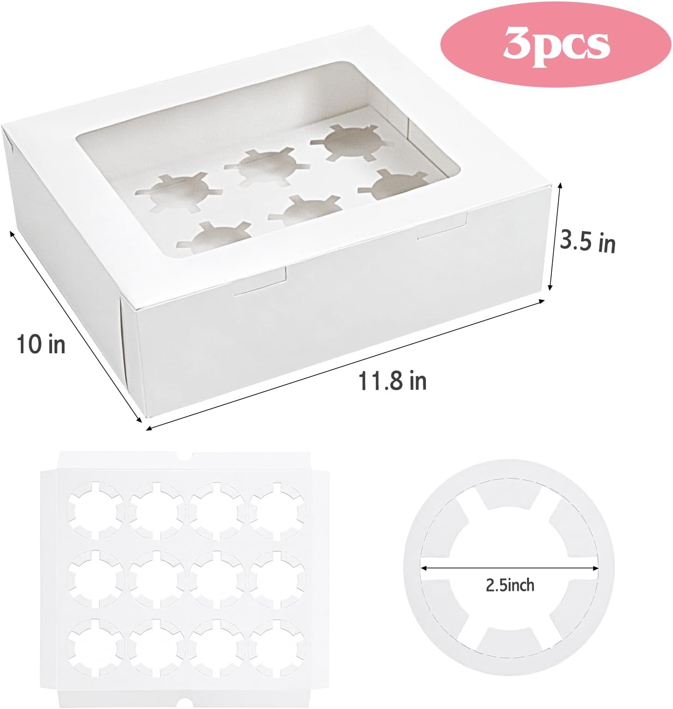 Moretoes 12 Count Graduation Cupcake Boxes, 3 Pack Paper Cupcake Containers with Window, Hold 36 Pastries, Disposable Graduation Party Boxes for Cupcakes Desserts(White)