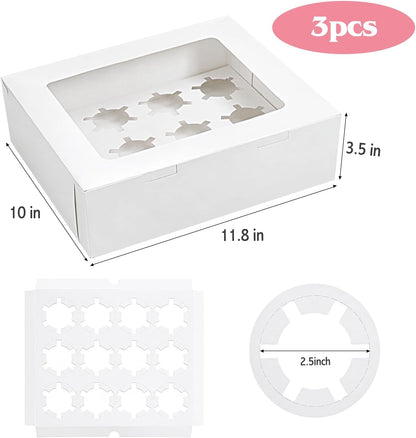 Moretoes 12 Count Graduation Cupcake Boxes, 3 Pack Paper Cupcake Containers with Window, Hold 36 Pastries, Disposable Graduation Party Boxes for Cupcakes Desserts(White)