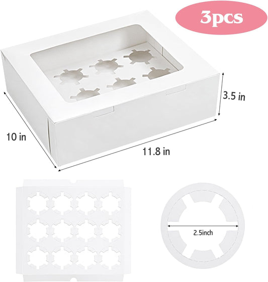 Moretoes 12 Count Graduation Cupcake Boxes, 3 Pack Paper Cupcake Containers with Window, Hold 36 Pastries, Disposable Graduation Party Boxes for Cupcakes Desserts(White)