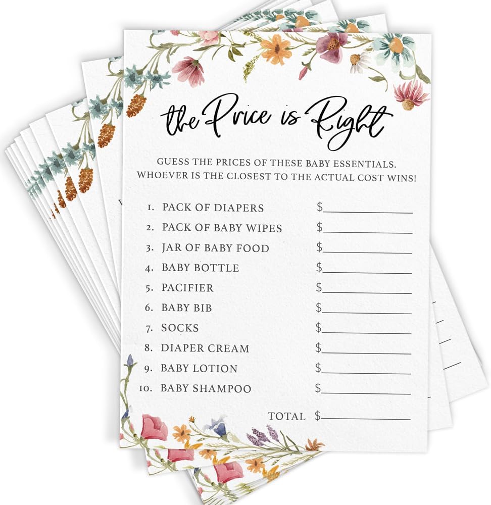Printed Party Baby Shower Games for Girl – 4 Games and Activities for 30 Guests, Includes Bingo, Price is Right, Mommy or Daddy Trivia, and Storybook Title Guessing, Wildflower Baby in Bloom Design