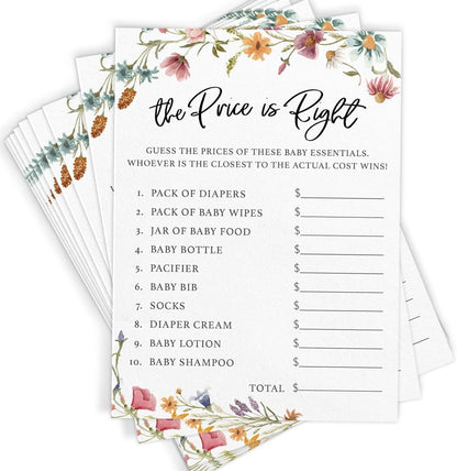 Printed Party Baby Shower Games for Girl – 4 Games and Activities for 30 Guests, Includes Bingo, Price is Right, Mommy or Daddy Trivia, and Storybook Title Guessing, Wildflower Baby in Bloom Design