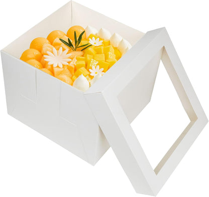 12 inches White Cake Box with Cake Board, 1/2 inch Thick Silver Cake Drum Set, Square Bakery Box with Window Lid and Cake Board Combo, Disposable Container for Bakery (12x12x8“)
