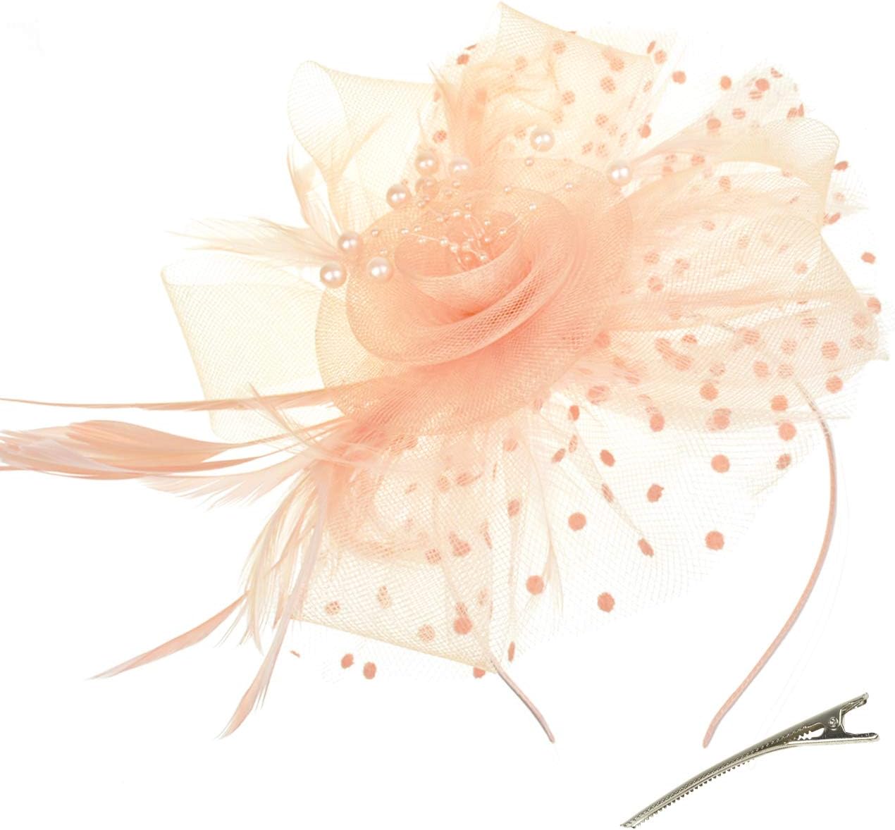 DRESHOW Fascinators Hat Flower Mesh Ribbons Feathers on a Headband and a Clip Tea Party Headwear for Girls and Women - Colors B