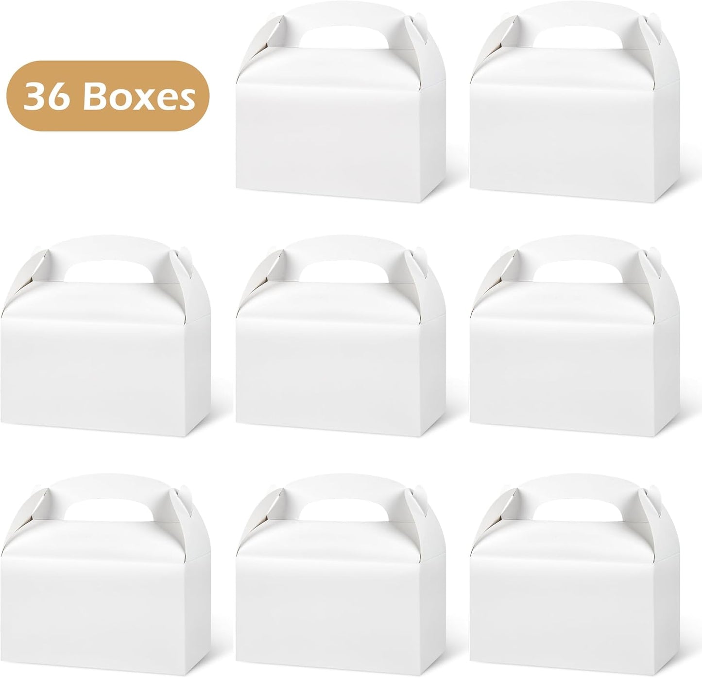 DjinnGlory 36 Pack White Party Favor Treat Boxes with Handle, DIY Paper Boxes for Baby Shower, Birthday, All Occasion, Small Gable Boxes for Small Business 6.18 x 3.58 x 3.38 Inches