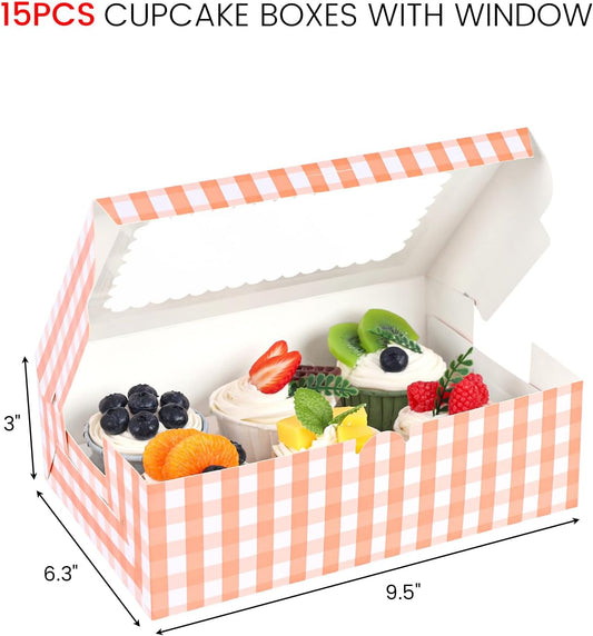 VGOODALL 6 Count Cupcake Boxes, 15PCS 9.5"x6.3"x3" Cupcake Container with Window Boxes Holding 90 Pastry Box for Birthday Holiday Party Bakery Supplies