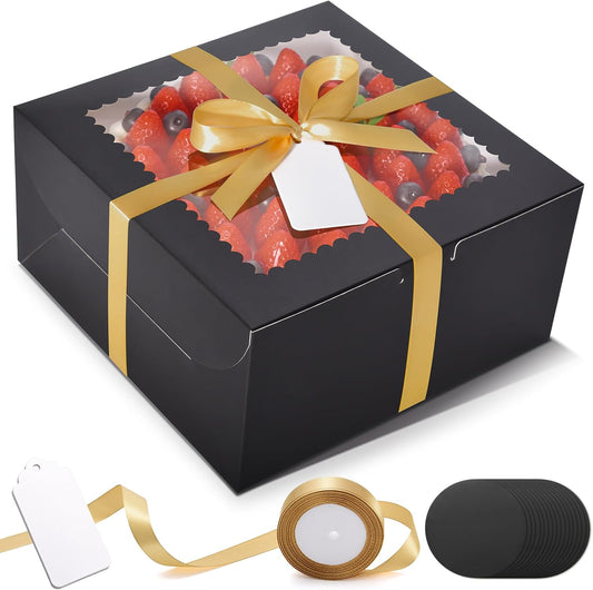 32Pcs 10 Inch Cake Boxes with Cake Boards (16Pcs Brown Cake Boxes, 16Pcs Cake Boards), 10x10x5 Inch Bakery Boxes with Window, Cake Carrier Container for Birthday Party, Wedding