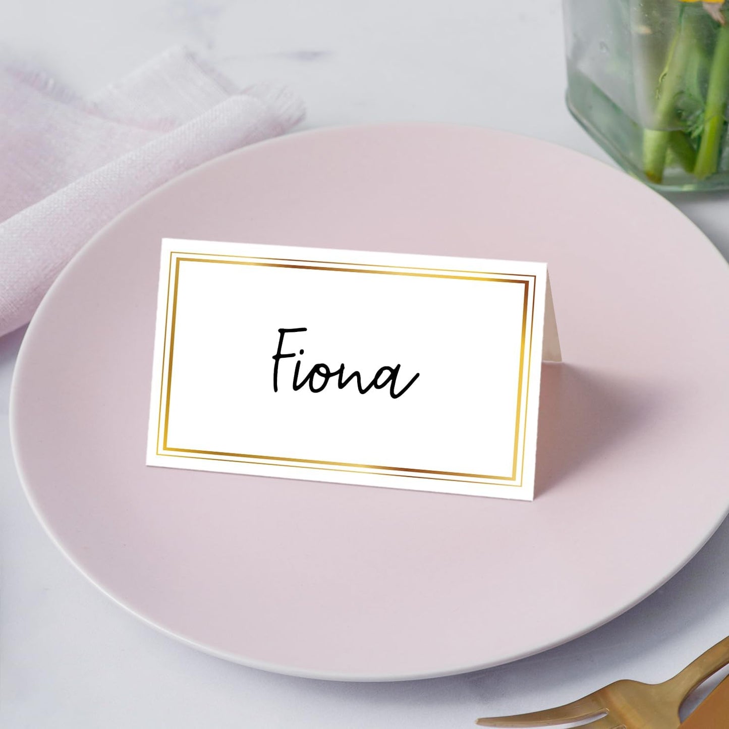 Gold Foil Border Place Cards, Set of 25 Tent Name Cards for Table Setting, Food Label for Wedding, Baby Shower, Birthday Dinner Party Supplies -010
