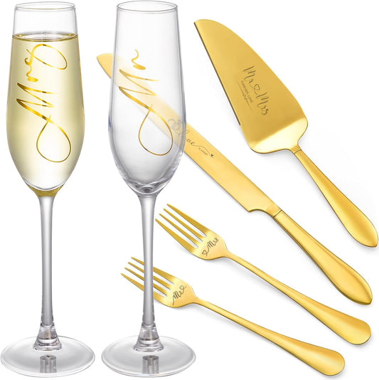 Wedding Cake Knife and Server Set, Mr and Mrs Champagne Flutes & Forks with Giftable Box, Cake Cutting Set for Wedding Engagement Bridal Shower Gifts (Silver)