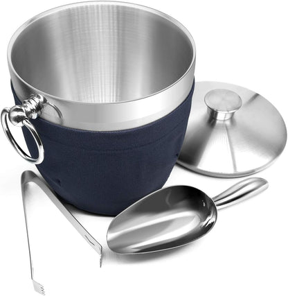 Fortune Candy Insulated Ice Bucket - Double Walled Stainless Steel Ice Bucket with Ice Tongs, Scoop, Lid, and Exclusive Handmade Nylon Holder - 2.8 L (Black)